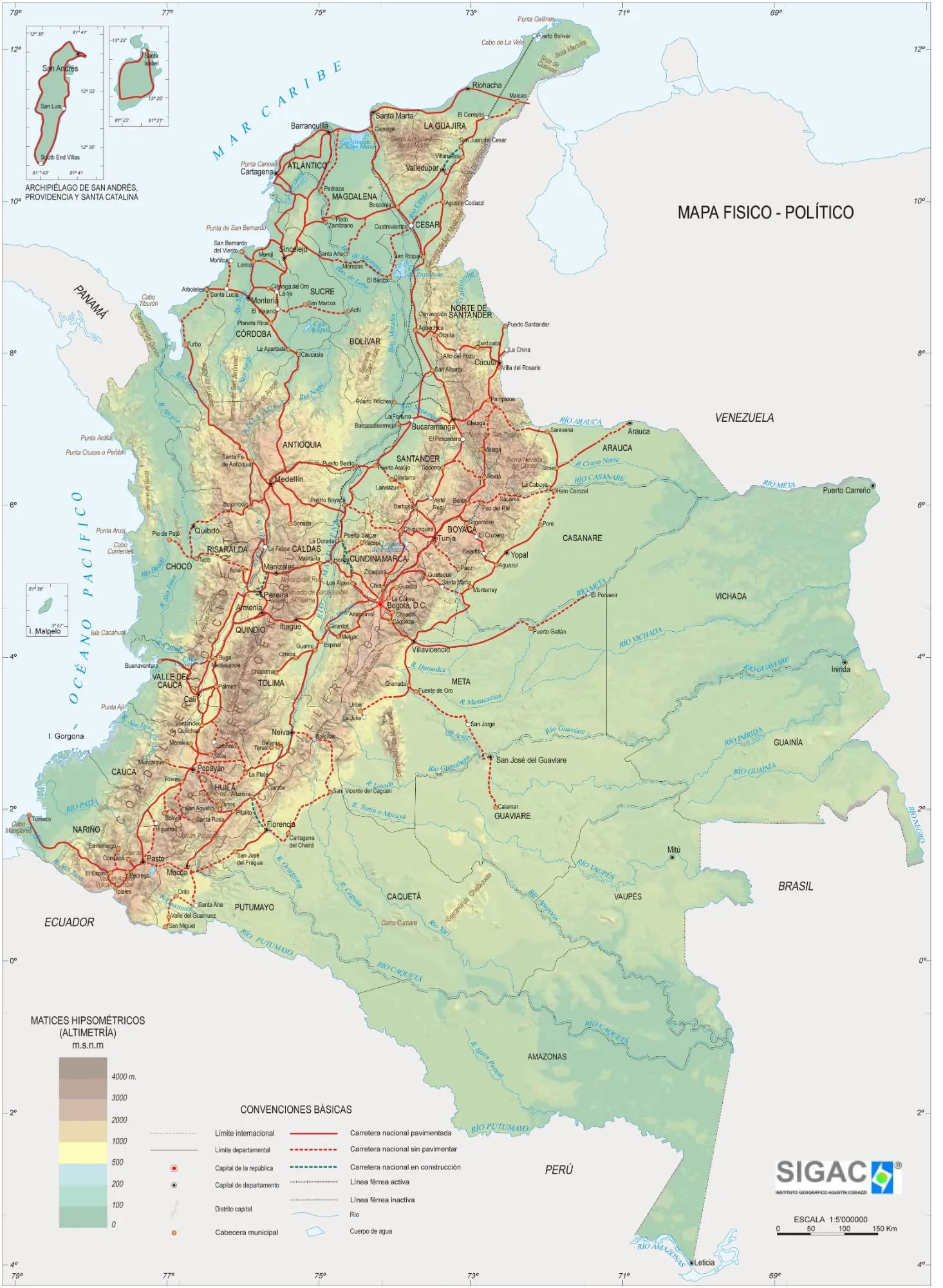 Physical and political map of Colombia by IGAC showing the three Andean ranges, rivers, main roads and department capitals