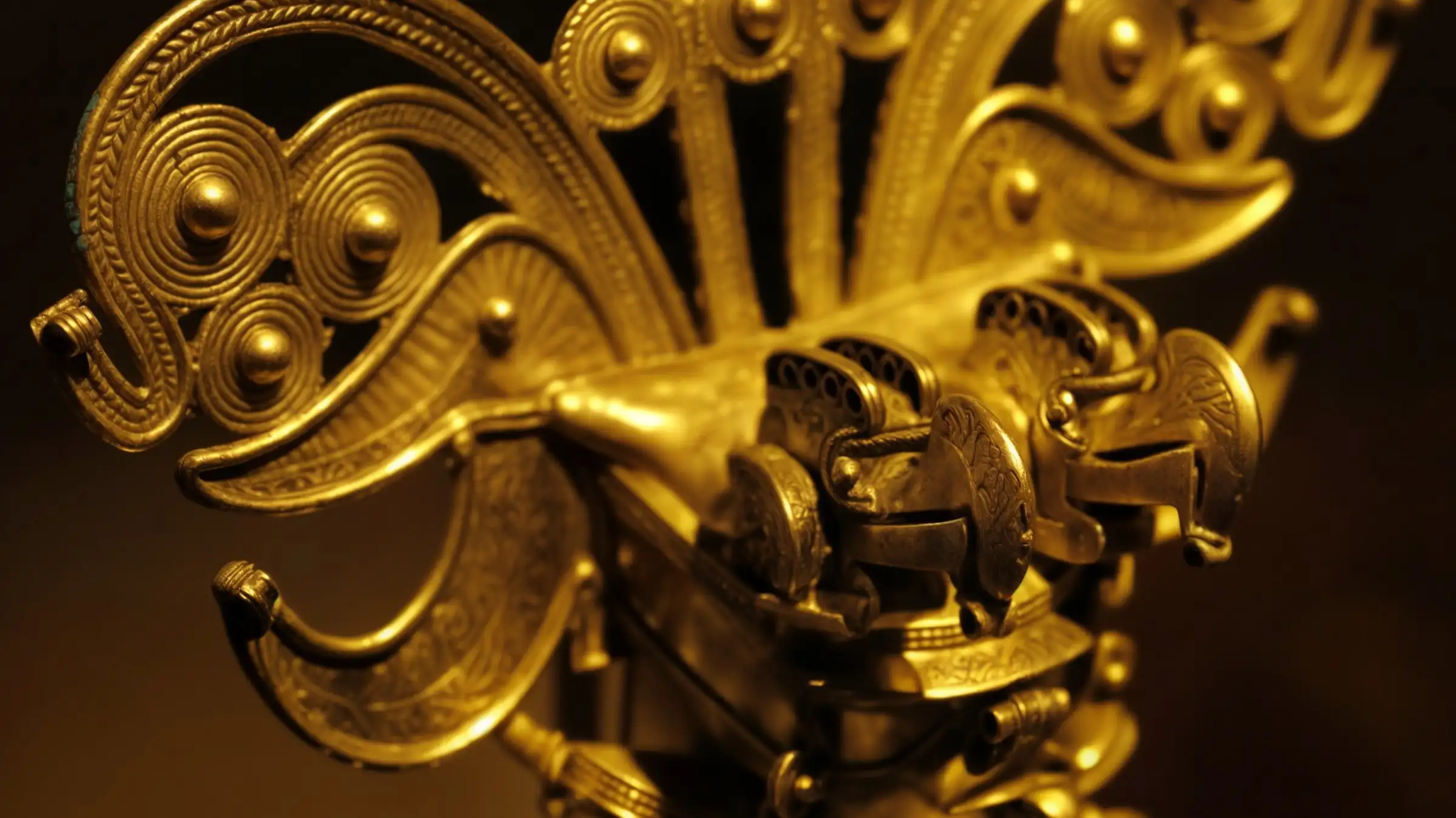 Close-up of a Tairona-style pre-Columbian gold ornament lit against a dark background